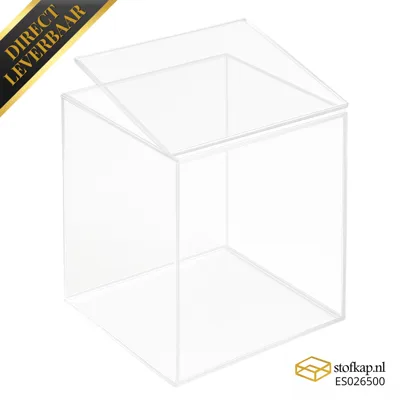 Transparante acryl stofkap met openklapbaar deksel, kubusvormig, productlabel ES026500 en direct leverbaar banner