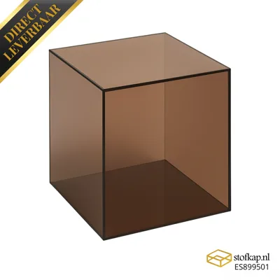 Bruine transparante plexiglas kubus vitrinekast met open voorkant, moderne display box van stofkap.nl