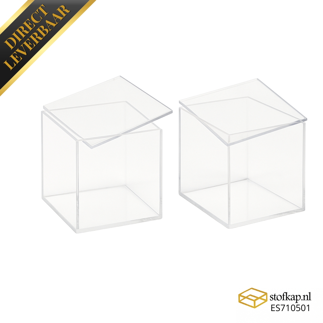 Set van twee glasheldere acryl stofkappen 100x100x100 mm, met deksel,