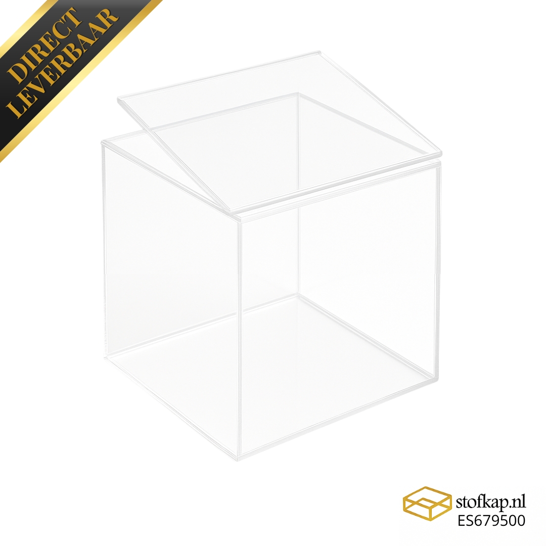 Glasheldere vierkante stofkap met los deksel, transparant display 350 x 350 x 350 mm, direct leverbaar logo onderaan