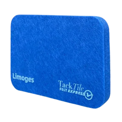 Blauwe viltplaat met de tekst "Limoges" en "Tack Tile Felt Express" aan de onderkant.