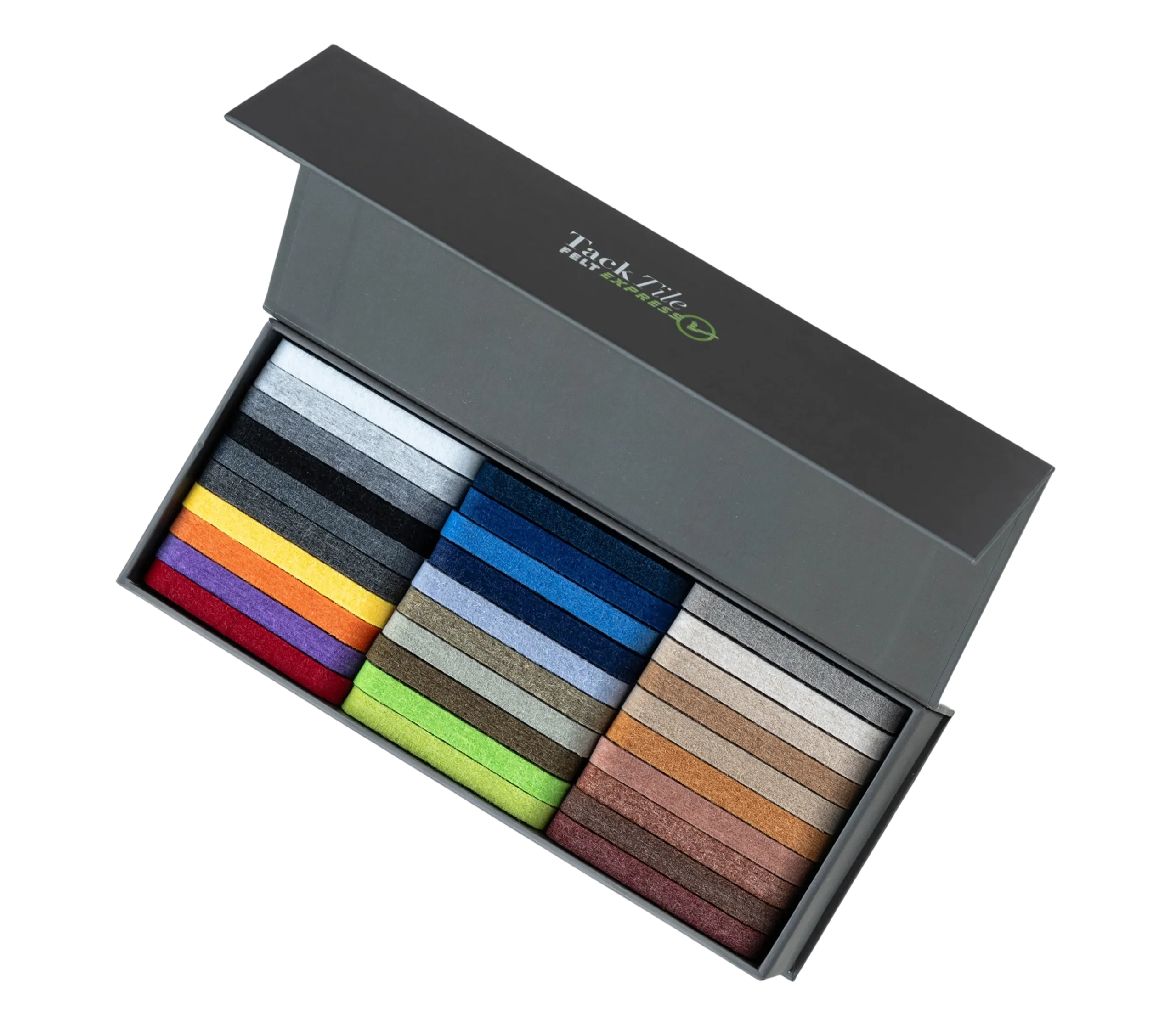 Kleurstaalset met diverse stoffen in een geschenkdoos, inclusief grijs, blauw, groen, en andere kleuren.