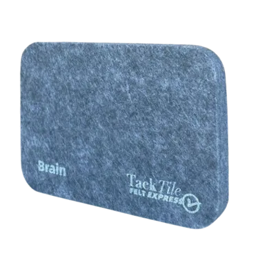 Grijze vilt tegel met afgeronde hoeken, bedrukt met het woord 'Brain' en het logo van TackTile.