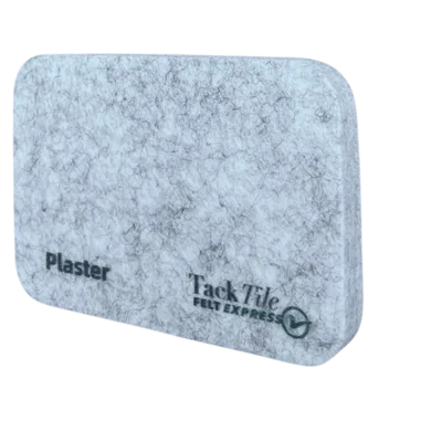 Grijze, rechthoekige plakplaat van vilt met de tekst "Plaster" en "Tack Tile Felt Express".